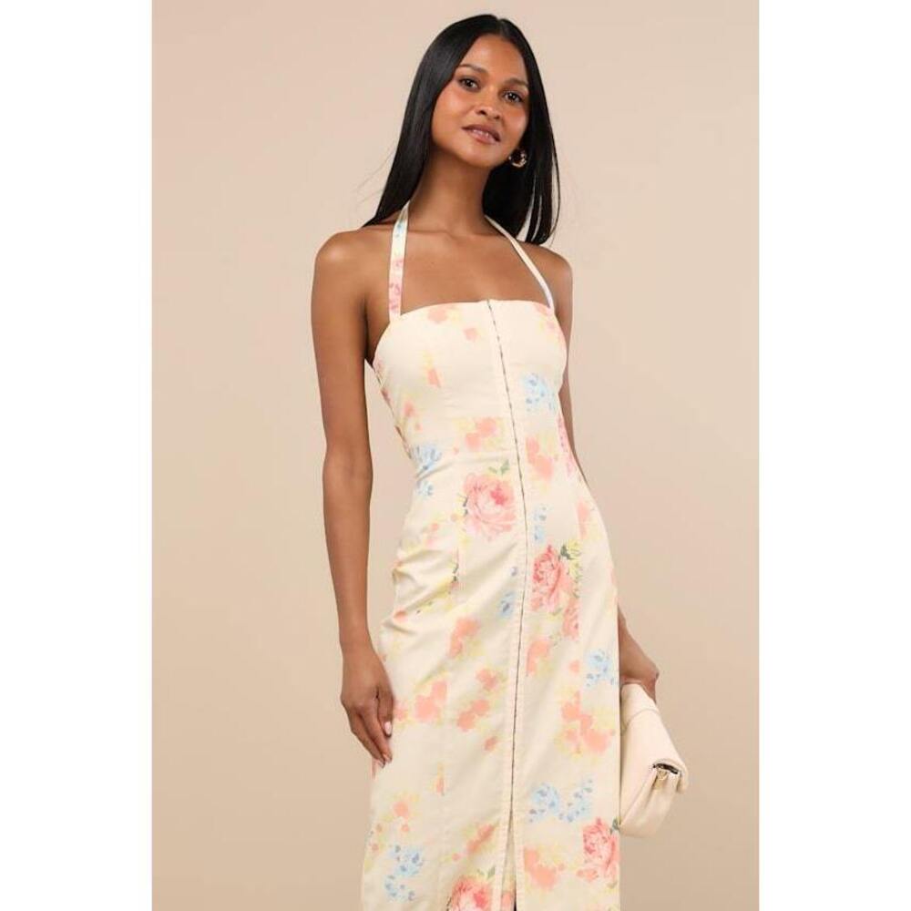 Lulus Arrosa Light Yellow Floral Halter Midi Dress - Size M